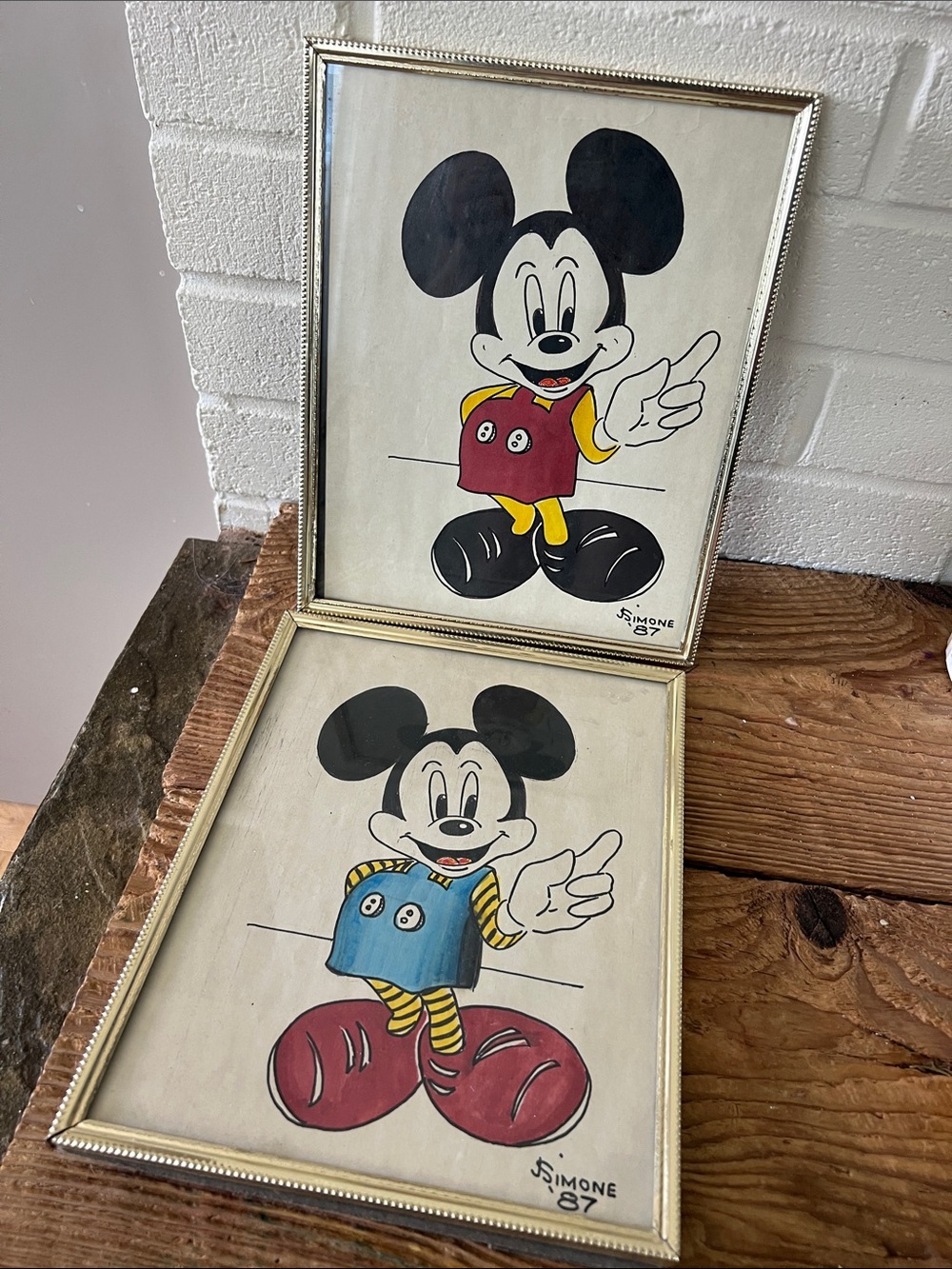 Hand-drawn Mickey Mouse Pair - Framed Vintage signed J Simone 87